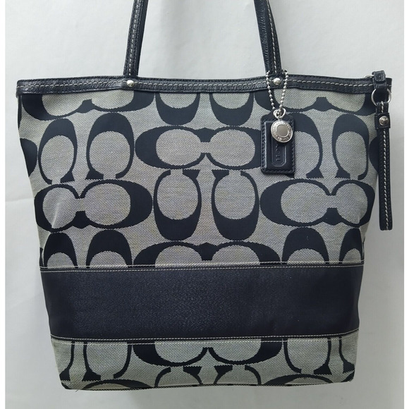 Coach Signature Black Canvas Stripe Double Handles Zipper Tote Shoulder Bag - Picture 4 of 16